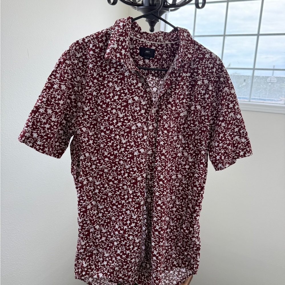 Obey Red and White Casual Button Down Shirt